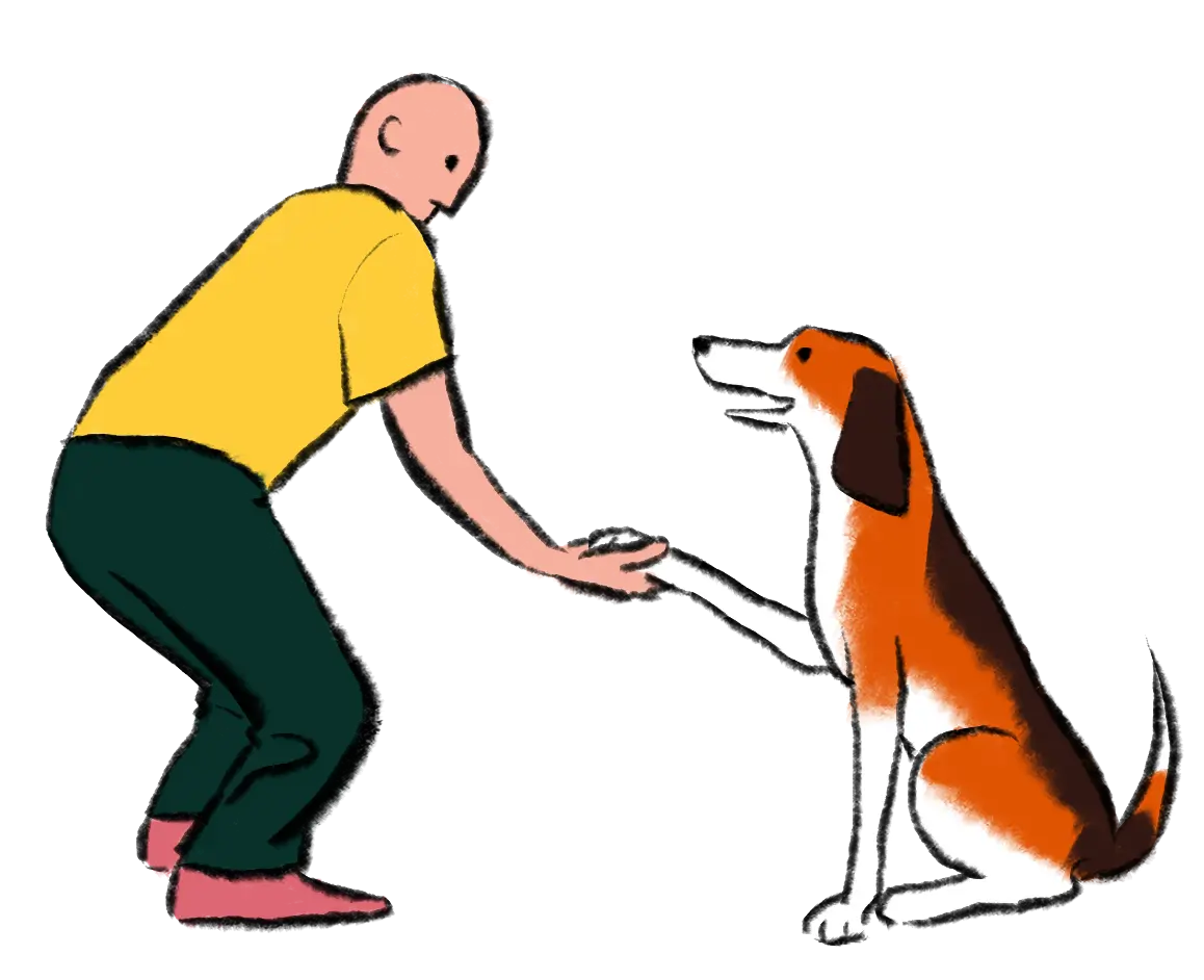 illustration shows dog shaking hands with a character